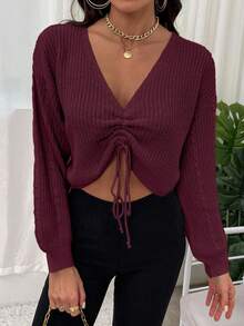 Chiquease 时尚休闲百搭短款深V领抽绳落肩宽松女式套头毛衣，秋冬 - 紫紅色 - 查看 6