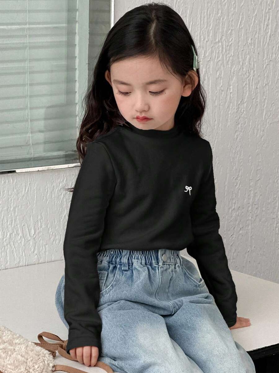 DAZY 女童圆领蝴蝶结印花保暖长袖T恤，秋季款 - 黑色 - 查看 1