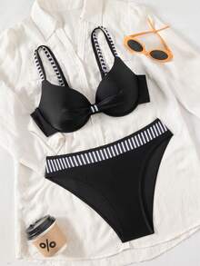 Swim Vcay New Women's Steel Boned Push Up Adjustable Straps Triangle Bikini Two Pieces Set - Black - View 5