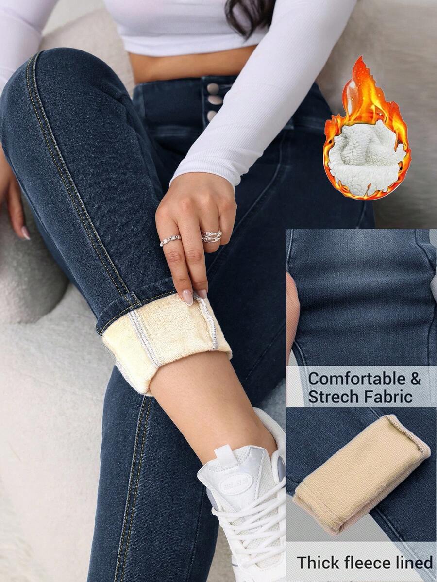 SHEIN Tall Women's Jeans Blue High Waist Skinny Plus Fleece Jeans Tall Women's Jeans Winter Jeans Thermal Denim Teddy Denim Teddy Thermal Fuzzy Fleece Teddy Women Joggers Leggings Women Jeans Fleece Leggings Winter Women Clothes Thermal - Dark Wash - View 1