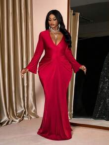 Slaydiva Váy đầm nữ cỡ lớn thu đông 2025, đầm cocktail ôm sát tay dài cổ chữ V thanh lịch, thích hợp cho buổi hòa nhạc nhạc đồng quê, khách dự tiệc cưới, đêm hẹn hò, ngày lễ tình nhân, tiệc trang trọng - Đỏ - Xem 7