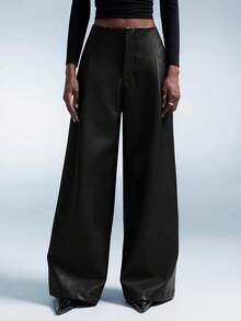 Aveloria Affinna 女士PU材质复古美式设计收腰宽松休闲直筒裤 - 黑色 - 查看 1