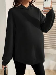 SHEIN Casual Loose Solid Color Long Sleeve Hooded Maternity Sweatshirt Black Sweatshirt Women Long Sleeve Black Top Oversized Tops Oversized Sweatshirt Woman Maternity Clothes Fall Winter - Black - View 6