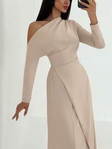 Aloruh Women's Elegant Gathered Waist A-Line Dress With One Shoulder, Minimalist Design For Commuting, Autumn/Winter - Khaki - View 1
