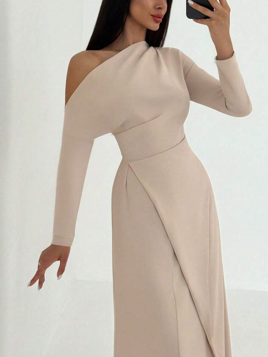 Aloruh Women's Elegant Gathered Waist A-Line Dress With One Shoulder, Minimalist Design For Commuting, Autumn/Winter - Khaki - View 1