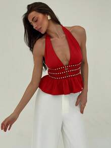 Aloruh Top ras-du-cou sexy à col en V profond avec clous pour femmes, Y2K