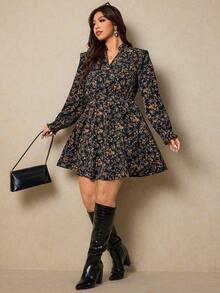 Elaquor Plus Size Women's Ditsy Floral V-Neck Long Sleeve Casual Dress Flower - Black - View 4