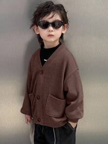 Dazy Kids Toddler Boys' Loose V-Neck Cardigan Jacket, Casual Textured Fabric, Autumn - Coffee Brown - View 5