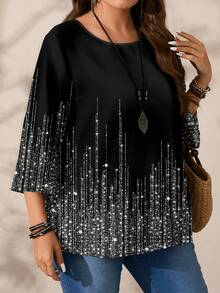 EMERY ROSE Blusa casual oversize da donna con stampa all-over, collo rotondo, maniche 3/4 morbide, adatta per autunno/inverno, top con paillettes, top scintillante, bluse eleganti da donna, bluse eleganti da donna, per Capodanno, Capodanno, top estivi, estivi per donna, top nero - Multicolore - Visualizzare 6