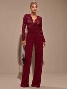 SHEIN BAE Bộ đồ liền thân ren đen dài tay cổ chữ V sâu, đồ lót nữ thanh lịch, thích hợp cho các buổi hẹn hò hàng ngày, đi chơi, tiệc tùng, thiết kế ống rộng bất đối xứng, bộ đồ liền thân duyên dáng cho mùa thu/đông - Màu Đỏ Sâu - Xem 3