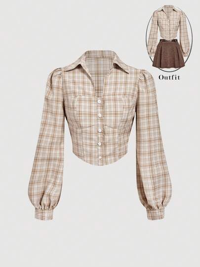 SHEIN MOD Women's Plaid Collar Chest Pocket Button Front Long Sleeve Shirt,Fall/Winter, ,Elegant,Graduation  ,Chic,Preppy,Retro Plaid Top,Plaid Blouse, Country Shirt, Western Top, Cropped Button Up