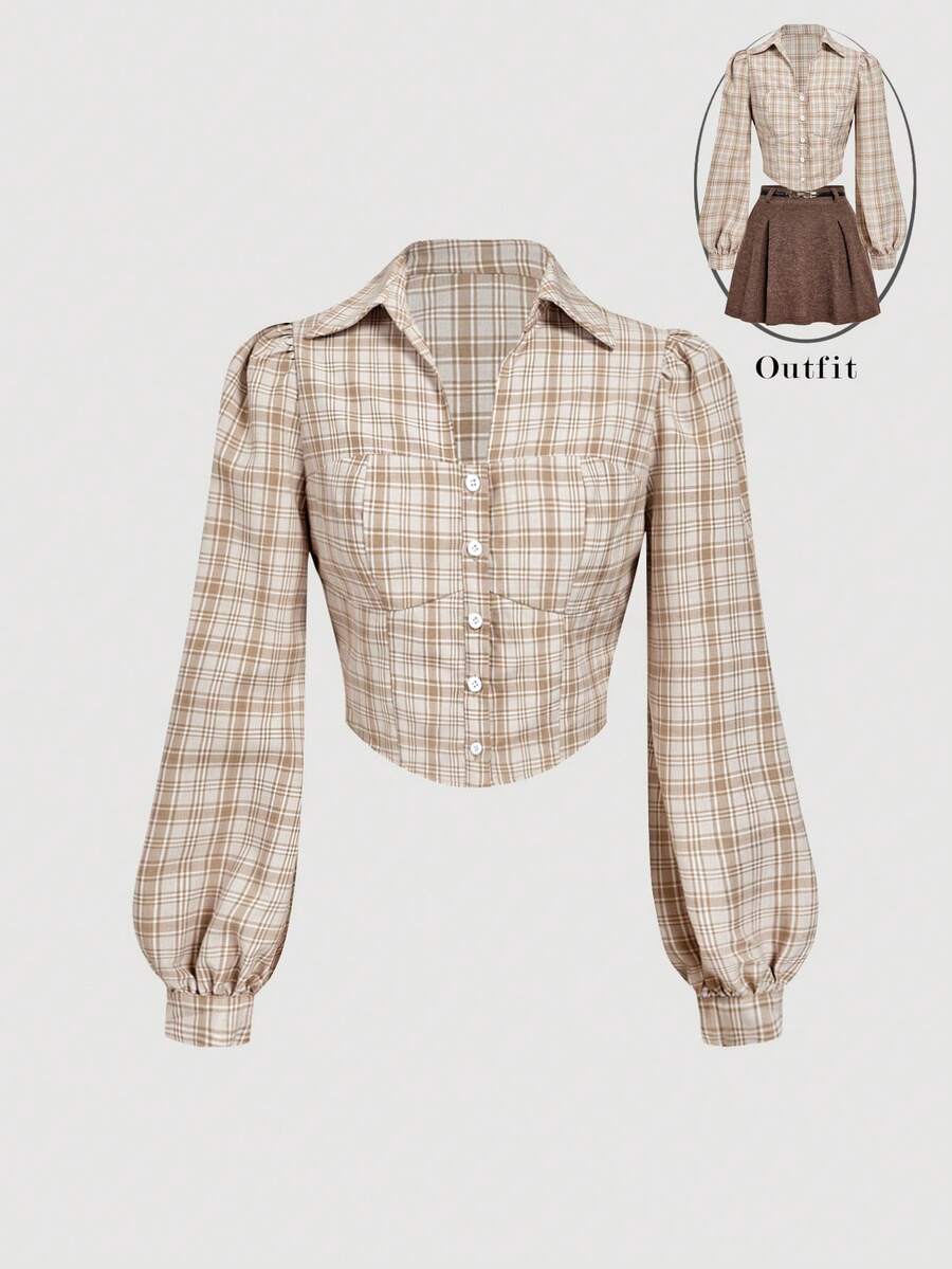 SHEIN MOD 格子领胸袋纽扣前长袖衬衫 - 彩色 - 查看 1