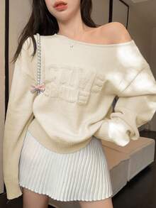 DAZY 女士字母图案圆领休闲长袖套头毛衣 - 白色 - 查看 3