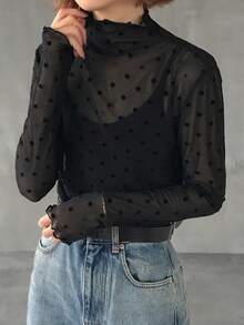 FRIFUL 女士波点印花网纱长袖立领衬衫 - 黑色 - 查看 6
