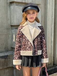 少女休闲时尚街头豹纹翻领拉链抓绒外套，秋冬款 - 彩色 - 查看 5