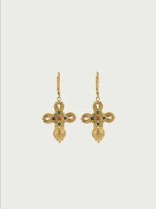 Glisma 18 K Threaded Small Cross Earrings,Outfits,Gothic/Goth,Old Money,Beaded,Western Jewelry,Metallic/Texture,Gemstone,Fall/Autumn/Winter,For Mom/Women/Girl/Mother,Premium,Vintage,Cross - Multicolor - View 4