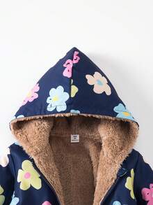 小女孩花卉印花羊毛连帽开衫，收腰休闲中长夹克，秋冬 - 彩色 - 查看 7