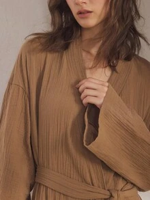 Ocili Áo choàng ngủ lưới hai lớp bằng cotton mềm mại thoải mái dành cho nữ, mùa đông - màu nâu - Xem 4