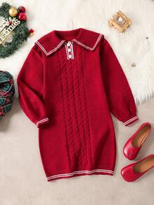 SHEIN Christmas Girls Casual Turtleneck Cable Knit Red Dress, Autumn/Winter Striped Contrast Color Sweater Dress Long Sleeve Retro Elegant School Style Suitable For Daily Wear, School, Outing, Party