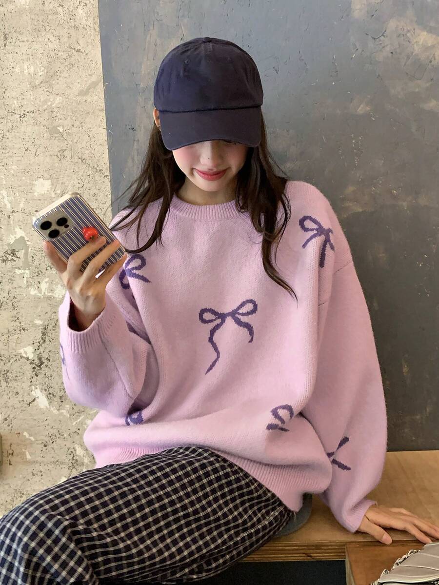 DAZY Women's Loose Fit Crew Neck Bow Decor Casual Pullover Sweater - Mauve Purple - View 1