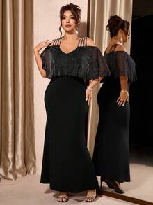 Cravure Đầm trễ vai đính ngọc trai cỡ lớn cho nữ, thanh lịch, giản dị cho tiệc tùng, nghỉ dưỡng, lãng mạn - màu đen - Xem 4