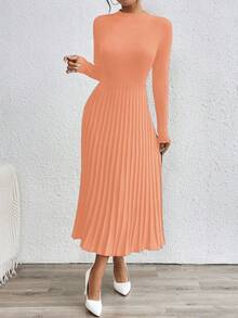 RosyDaze Váy dệt kim tay dài xếp ly cổ đứng màu trơn cho nữ, mùa thu/đông - Hồng - Xem 3