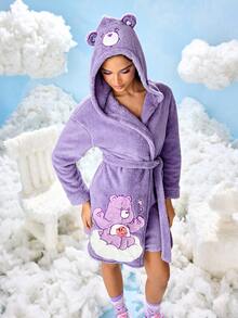 SHEIN X Care Bears Women's Cute Cartoon Bear Embroidered Pattern Dropped Shoulder Loose Hooded Belted Teddy Fleece Robe, Autumn/Winter - Mauve Purple - View 3