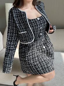 Vibekara 大码女式粗花呢格子长袖外套和无袖连衣裙套装，通勤休闲舒适优雅装扮