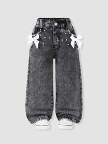 Elladie kids 少女阔腿牛仔裤，甜美酷炫的街头时尚设计，推荐返校季穿着。白色3D蝴蝶结和珍珠设计，松紧腰带舒适穿着，前襟纽扣方便穿着。宽松版型，适合外出、约会、日常穿着、海滩度假、休闲聚会。一款适合一年四季的时尚牛仔单品。 - 黑色 - 查看 4