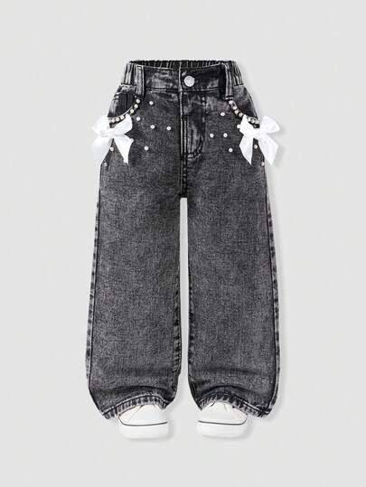 Elladie kids Young Girls' Wide Leg Jeans, Sweet And Cool Street Fashion Design, Recommended For Back To School Season. White 3D Bow & Pearl Design, Elastic Waistband For Comfort, Button Front For Easy Wear. Loose Fit, Suitable For Outings, Dates, Daily Wear, Beach Vacations, Casual Gatherings. A Fashionable Denim Piece For All Year Round.