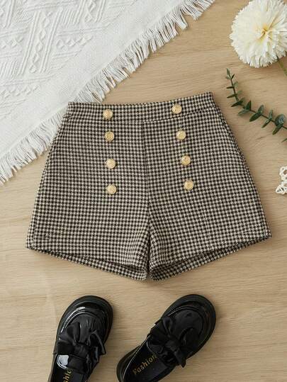 SHEIN 少女时尚优雅格纹金属装饰纽扣短裤，适合感恩节、四季日常穿着