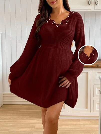 SHEIN 孕妇优雅落肩珍珠装饰针织连衣裙，秋冬款