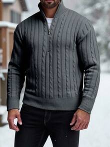 Manfinity Homme 加大码男士拉链长袖麻花针织衫，秋冬男士冬季服装男士开衫毛衣 - 霧霾藍 - 查看 5