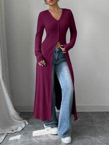 Rafferiza 女士休闲修身长袖单排扣衬衫裙 - 酒紅色 - 查看 5