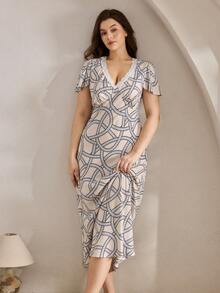 Ocili Plus Size Comfortable Cotton Printed Casual Soft Abstract Chain Chic Autumn Easy Comfort Sleepwear - Khaki - View 5