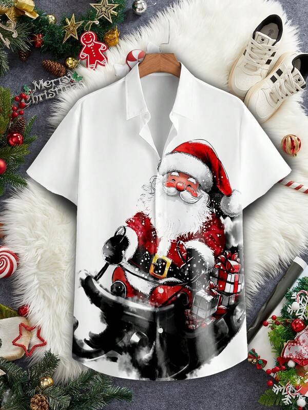 Manfinity RelaxMax Men's Casual Christmas Full Print Cartoon Santa Claus & Snowflake Pattern Short Sleeve Shirt, Christmas Gift, Gift For Boyfriend