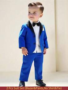 两件套男婴正装套装，撞色翻领假口袋外套和松紧腰裤，适合6个月至3岁宝宝，适合婚礼、演出、派对、生日、圣诞节、毕业典礼等正式场合。 - 藍色 - 查看 1