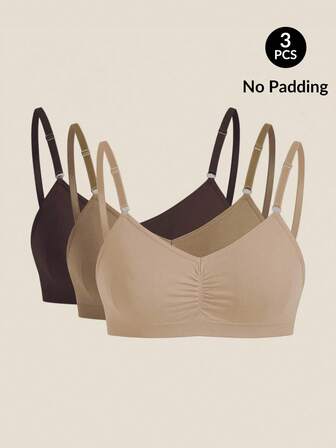Snug Zone Women's Casual Comfy Plain Multicolor Bralettes 3 Pack No Padding Ruched Bust Medium Stretch