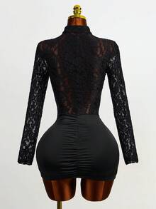 Mistrie This Is A New Style, Sexy, Sleeveless, Slanted Front-Opening Design Mini Chinese-Style Dress With A Short Skirt. It Is A Simple, Gothic-Style Sexy Dress With A Vest-Like Neckline, Made Of Lace Fabric With Openwork And Pleated Designs. - Black - View 3