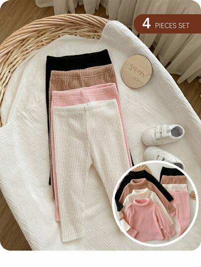 SHEIN 4件套纯色休闲针织弹力腰裤，适合女宝宝
