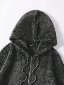 Franclia 女士纯色长袖拉链抽绳连帽抓绒外套，秋冬款 - 灰色 - 查看 3
