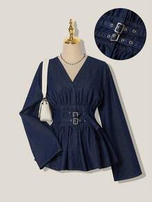 SHEIN MOD 女士V领喇叭袖腰带扣设计休闲牛仔衬衫 - 深色水洗藍 - 查看 8