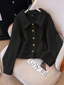 GlowEve CURVE Plus Size Solid Color Front Button Closure Warm Long Sleeve Jacket, Autumn/Winter - Black - View 3