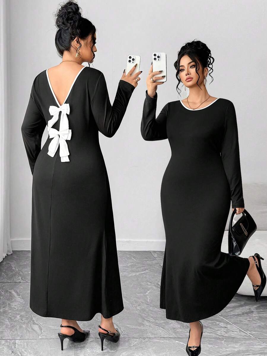 SHEIN Elenzya Váy dài ôm dáng cỡ lớn dành cho nữ, cổ chữ V, họa tiết chắp vá và nơ ở phía sau - Nhiều màu - Xem 1