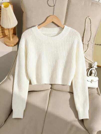 SHEIN Genkimix Kids Suéter casual corto de cuello redondo, manga larga y hombros caídos de unicolor para niña preadolescente