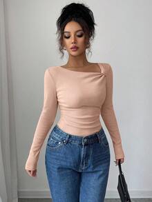 Selianne 秋冬新款纯色磨毛罗纹斜领褶裥长袖T恤，修身休闲上衣 - 粉色 - 查看 6