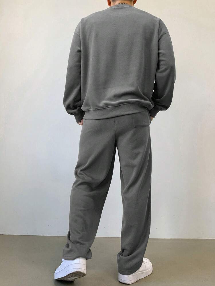 Men's Solid Color Thick Sweatshirt Set, Autumn