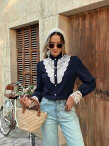 Pariaura Áo cánh nữ thanh lịch cổ đứng tay bồng phối ren tương phản, cài nút đơn - Xanh đậm - Xem 6