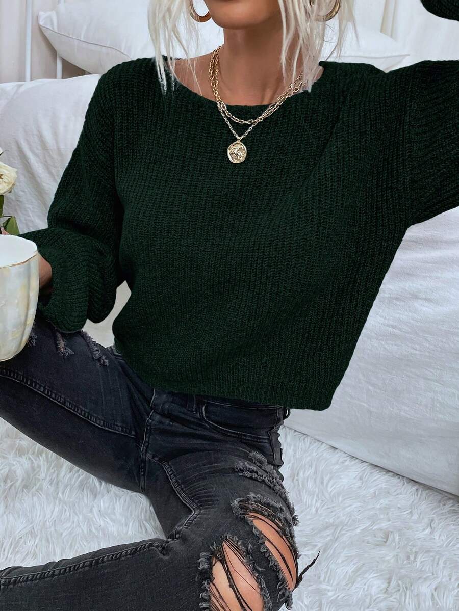 SHEIN LUNE Women Casual Solid Color Dropped Shoulder Loose Ribbed Knit Pullover Sweater Gray Sweatergrey Jumper - Dark Green - View 1