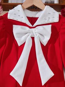 Gaun Remaja Perempuan Bergaya Retro Feminin dengan Kerah Kontras Mutiara dan Hiasan Pita, Lengan Gigot, Pinggang Diikat, dan Hem Mengembang. - Merah - View 7
